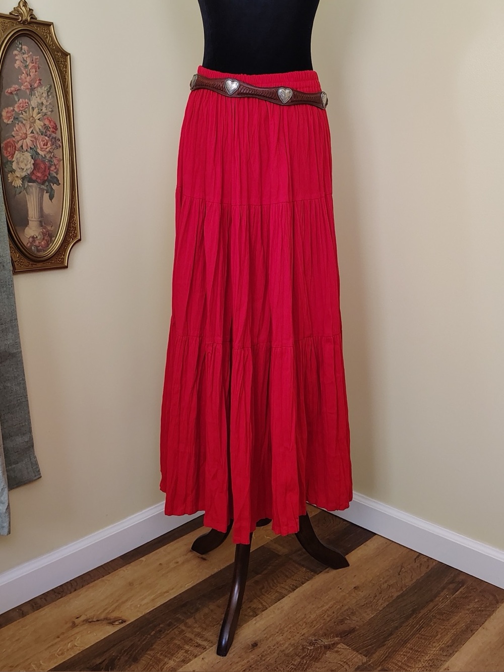 Vintage 80s/90s Cherry Red Rayon CASEY COLEMAN Texas Made Tiered Boho Maxi Skirt